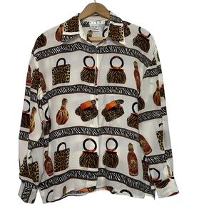 PIANO Vintage 90s Silk Button Down Career Accessory Zebra Leopard Print Blouse